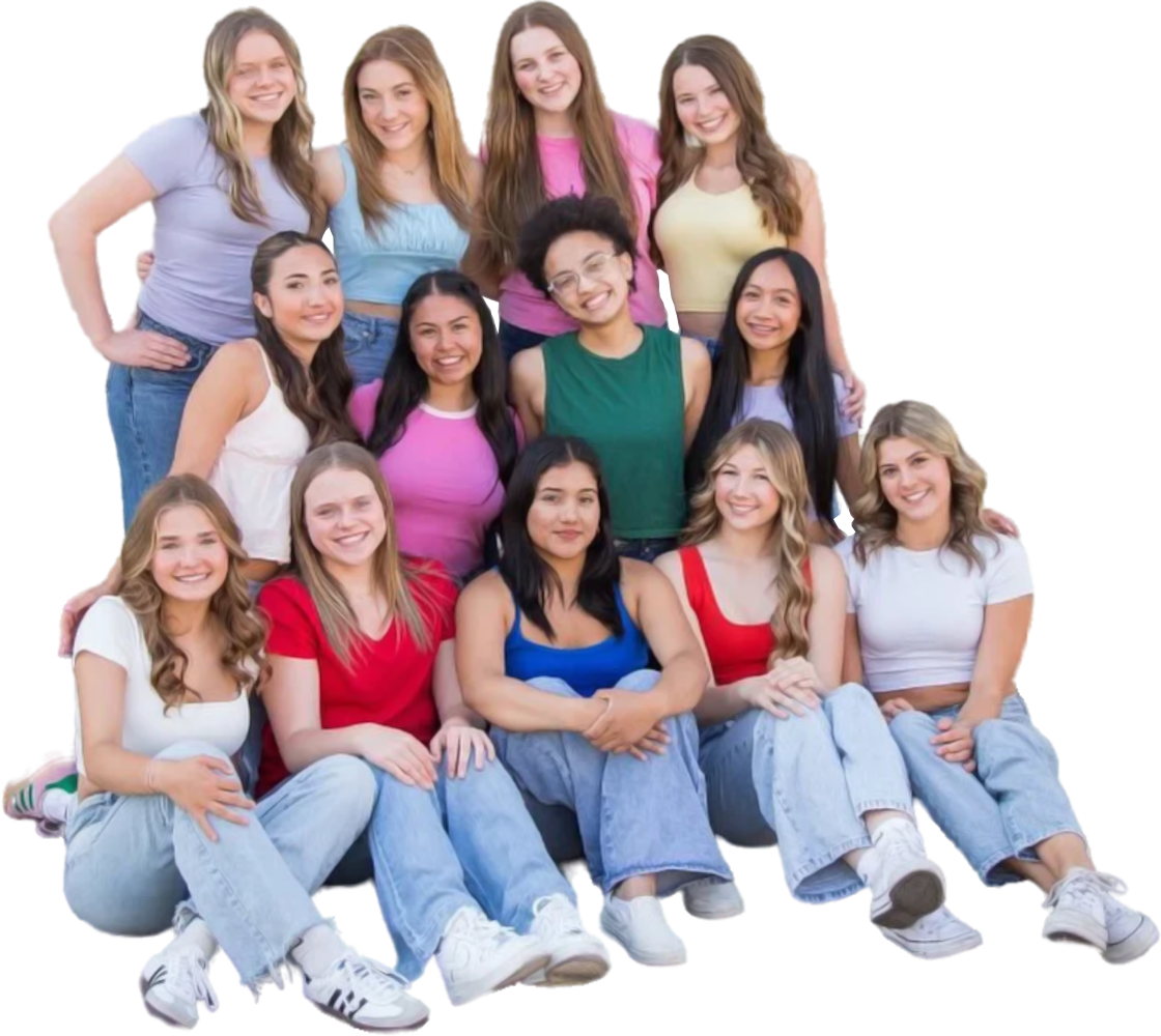 Een groep van 13 studentes bij elkaar. Ze poseren en kijken in de camera.